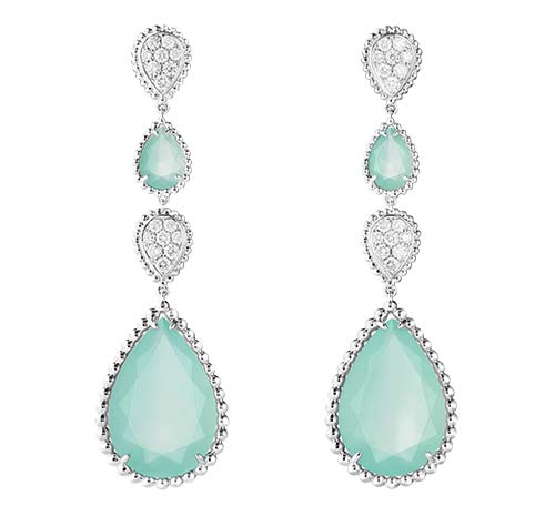 Serpent Bohème pendant earrings, set with aquaprases, paved with diamonds, in white gold